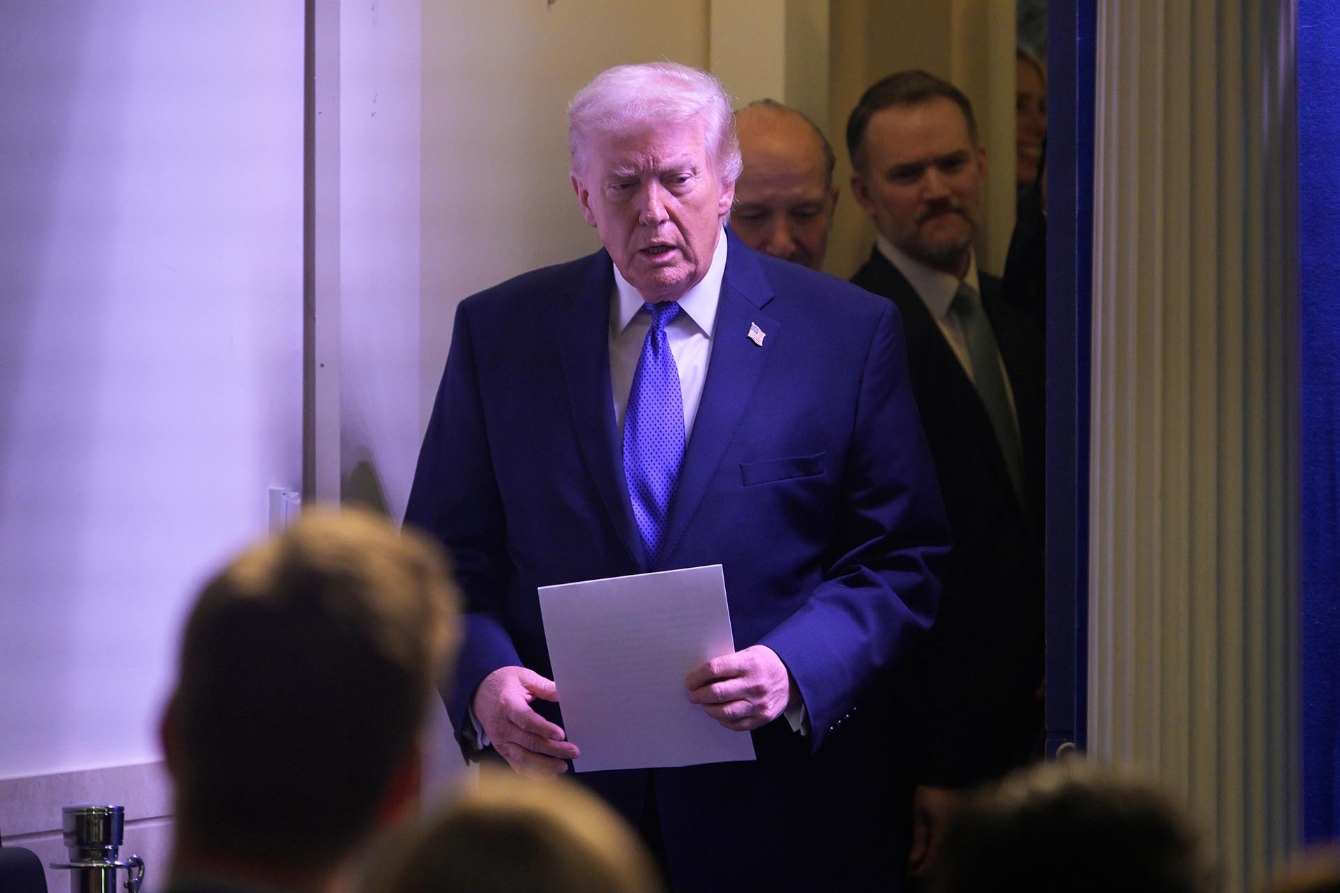 President Donald Trump speaks about the Supreme Court's tariff decision during a press briefing, on February 20, 2026 at the White House in Washington D.C.