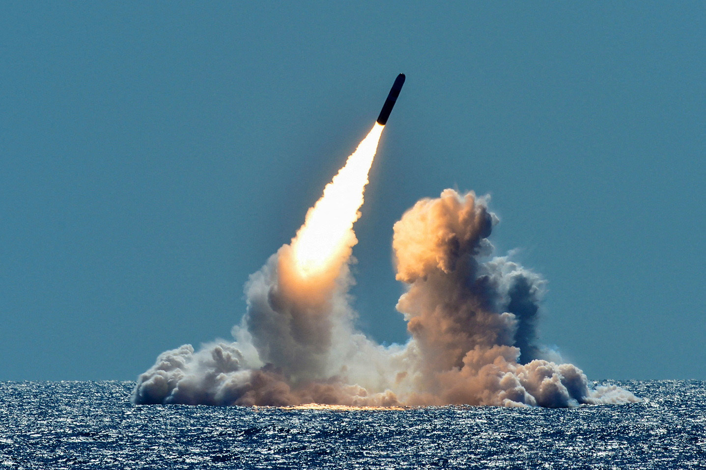An unarmed Trident II D5 missile is test-launched from the Ohio-class U.S. Navy ballistic missile submarine USS Nebraska off the coast of California, U.S. March 26, 2018.