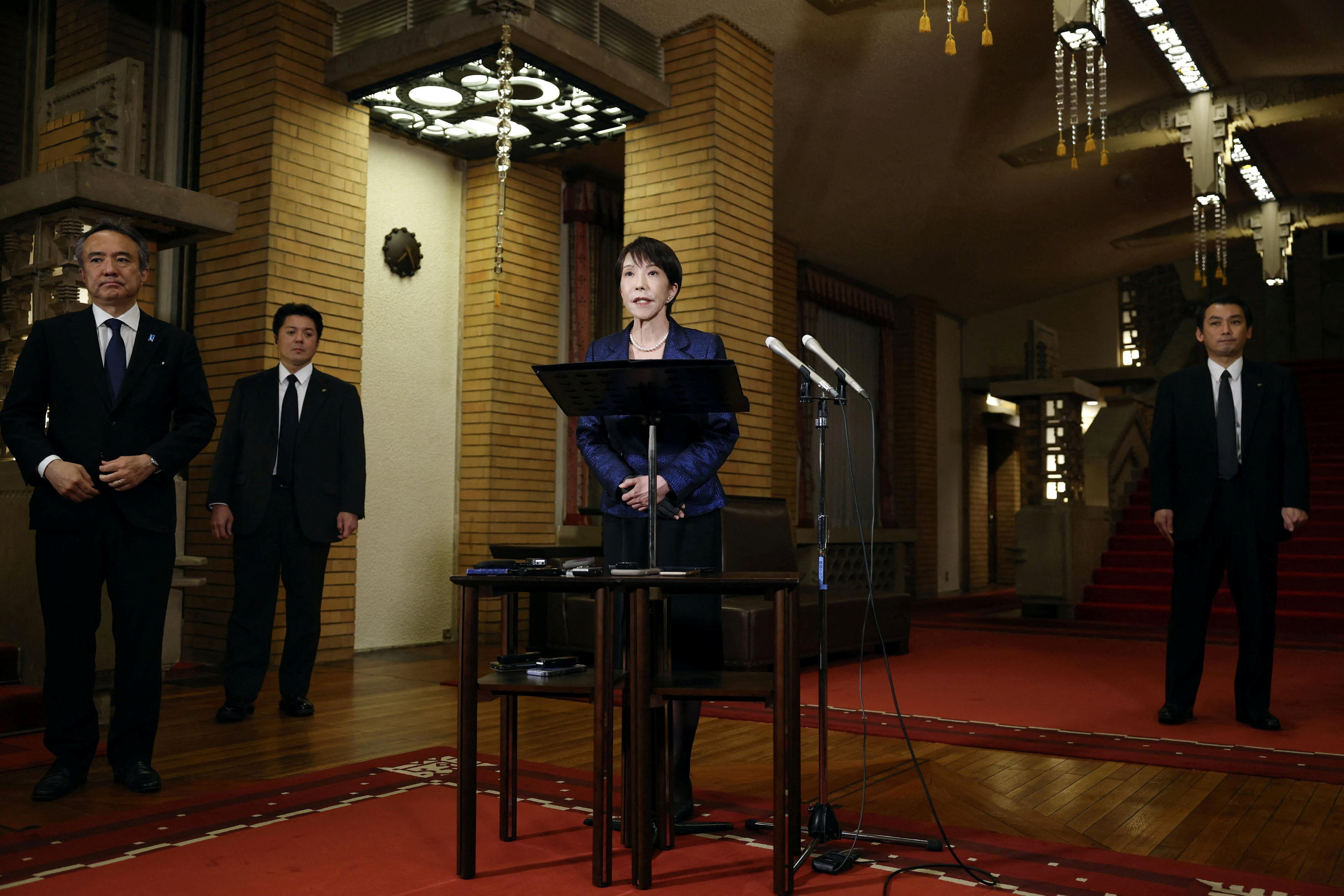Japan's Prime Minister Sanae Takaichi speaks to media about Japan's plan to release part of oil reserves in Tokyo