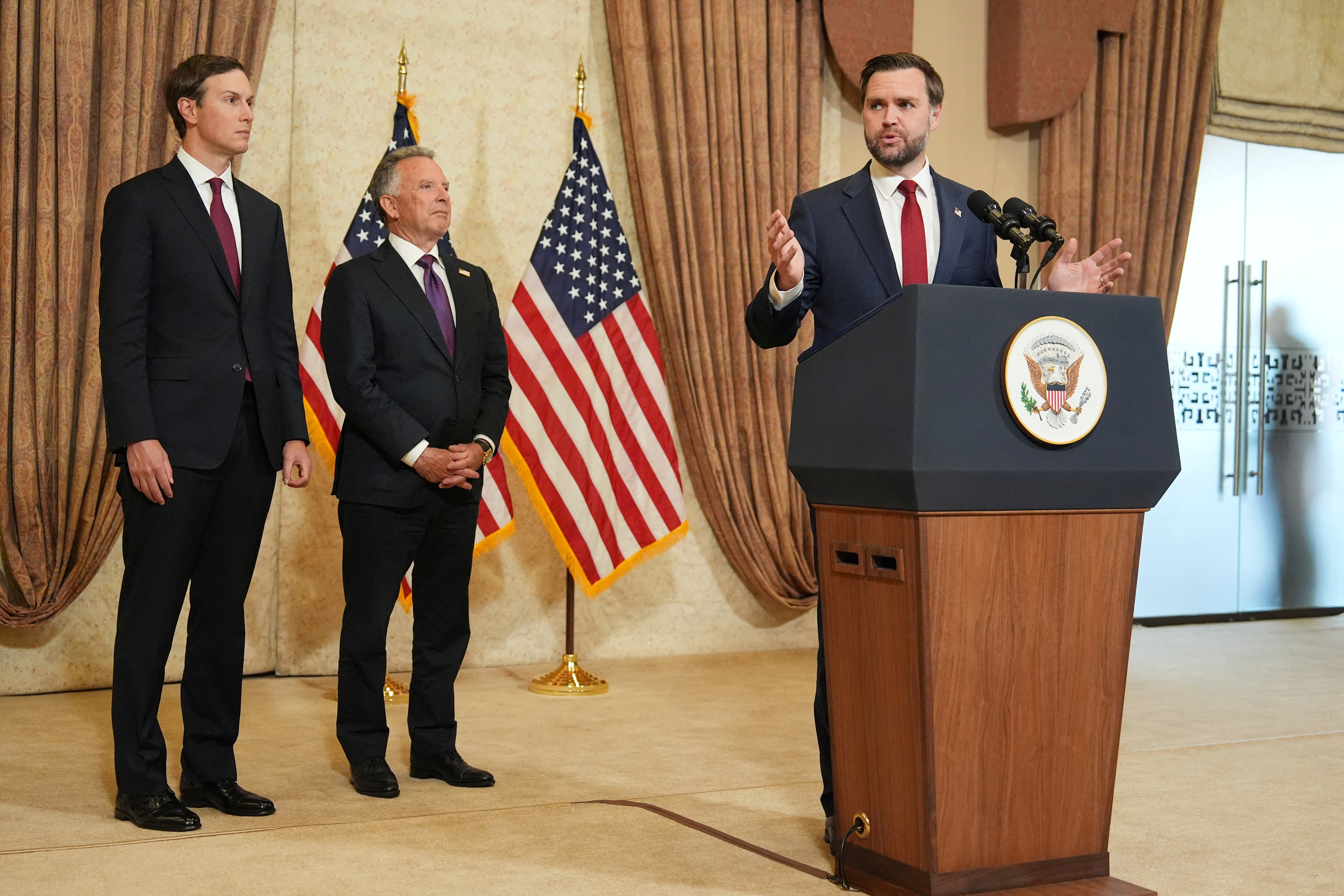 <p>Jared Kushner and Steve Witkoff, Special Envoy for Peace Missions, watch as Vice President JD Vance briefs the press after meeting with representatives from Pakistan and Iran, April 12, 2026.</p>
