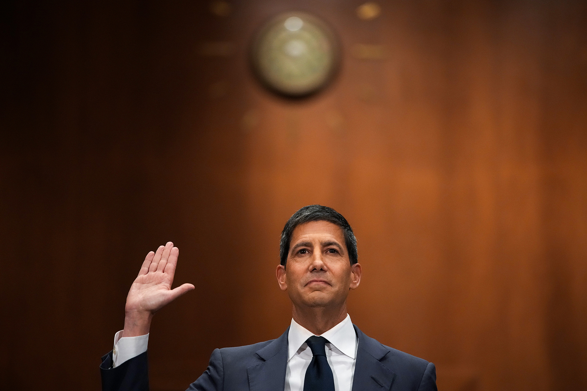 <p>Kevin Warsh, U.S. President Donald Trump’s nominee for Chair of the Federal Reserve, is sworn in to testify during his Senate Committee on Banking, Housing, and Urban Affairs confirmation hearing in the Dirksen Senate Office Building on April 21, 2026 in Washington, D.C.</p>
