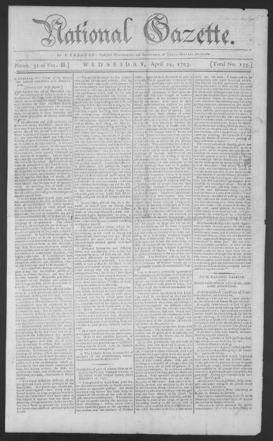 <p>The front page of the <i>Philadelphia Gazette </i>on April 24, 1793, displaying the text of President George Washington’s Proclamation of Neutrality.</p>
