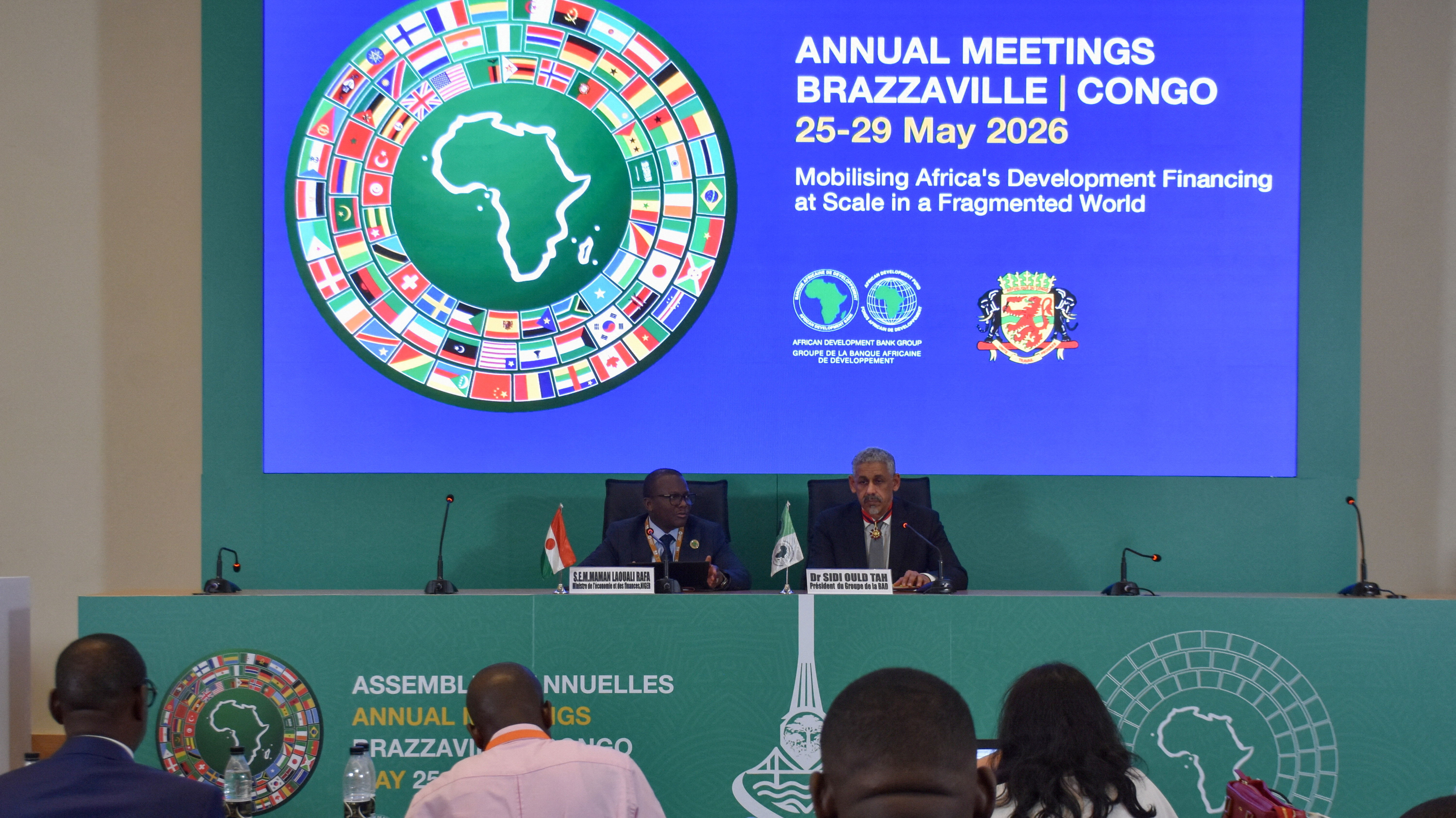 African Development Bank (AfDB) President Sidi Ould Tah attends a press conference alongside Niger's Minister of Economy and Finance Maman Laouali Abdou Rafa during the African Development Bank’s annual meeting at the Kintele International Conference Center in Brazzaville, Republic of Congo.