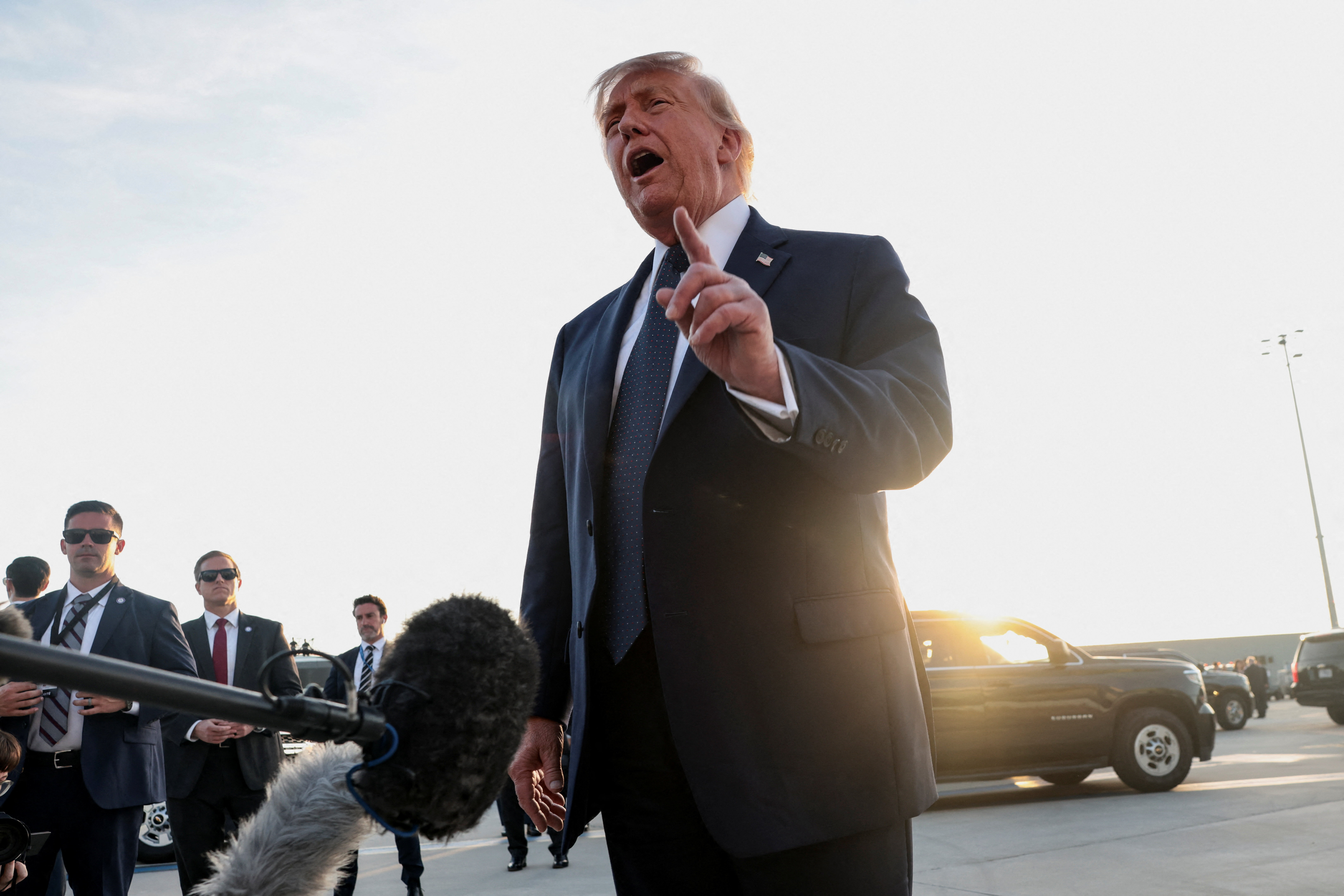 U.S. President Donald Trump speaks to the media upon arrival at Paris Orly airport, following the G7 Summit, in Orly, France, on June 17, 2026.