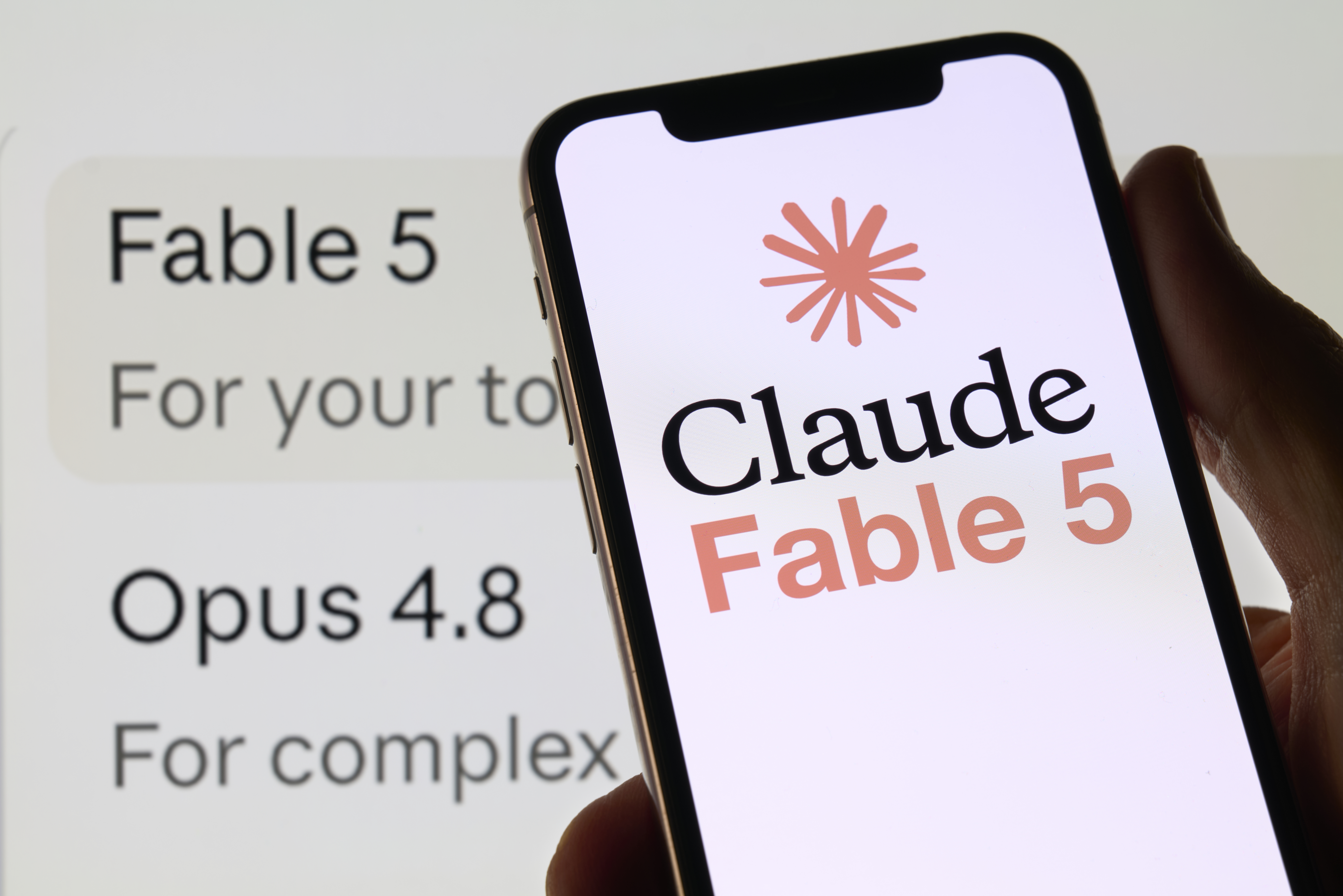 The Claude Fable 5 app logo is seen on a smartphone in this illustration photo taken in Italy on June 10, 2026. 