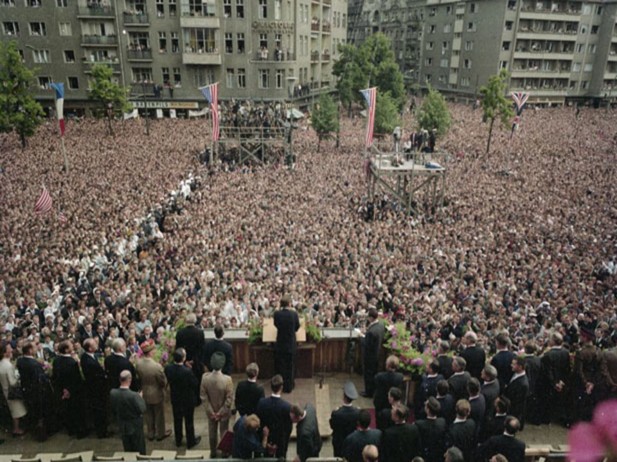 <p>President John F. Kennedy delivers his “Ich bin ein Berliner” speech at Rudolph Wilde Platz in West Berlin.</p>
