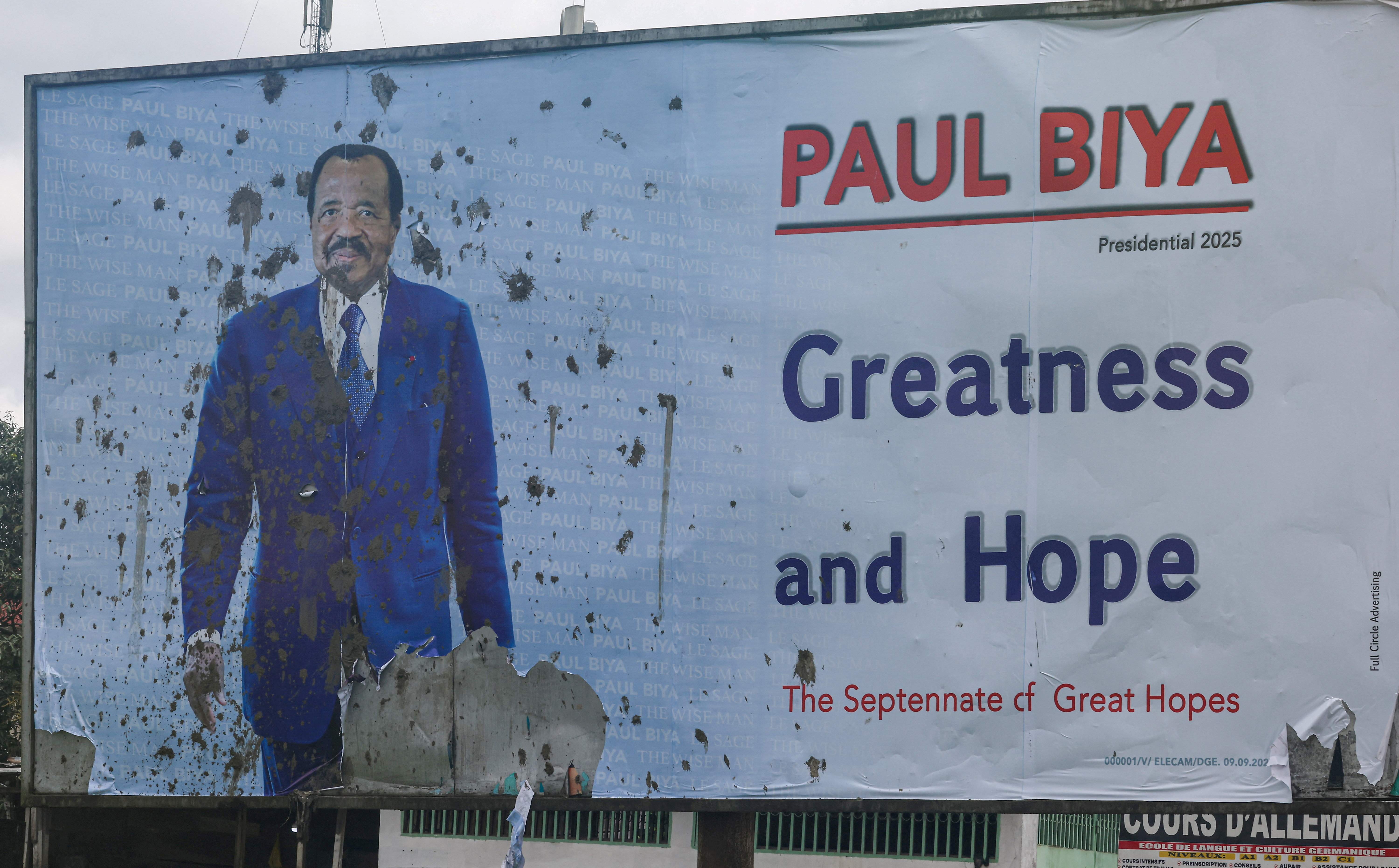 <p>A vandalized campaign billboard of Cameroon’s President Paul Biya after the Constitutional Council declared him as the winner of the October 12 presidential election in Douala, Cameroon on October 27, 2025.</p>
