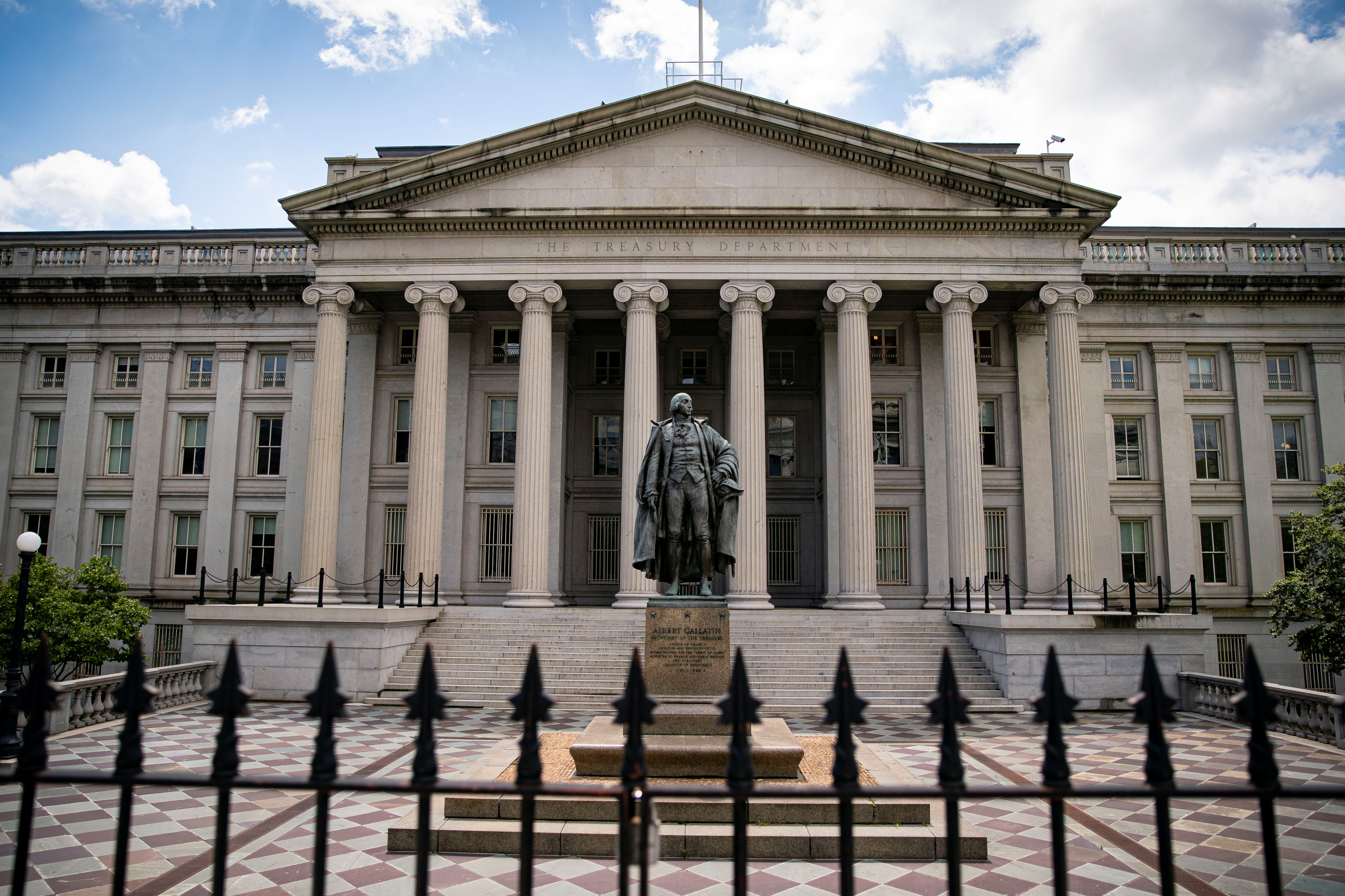 <p>A statue of former Sen. Albert Gallatin stands at the Treasury Department in Washington, U.S., April 25, 2021.</p>
