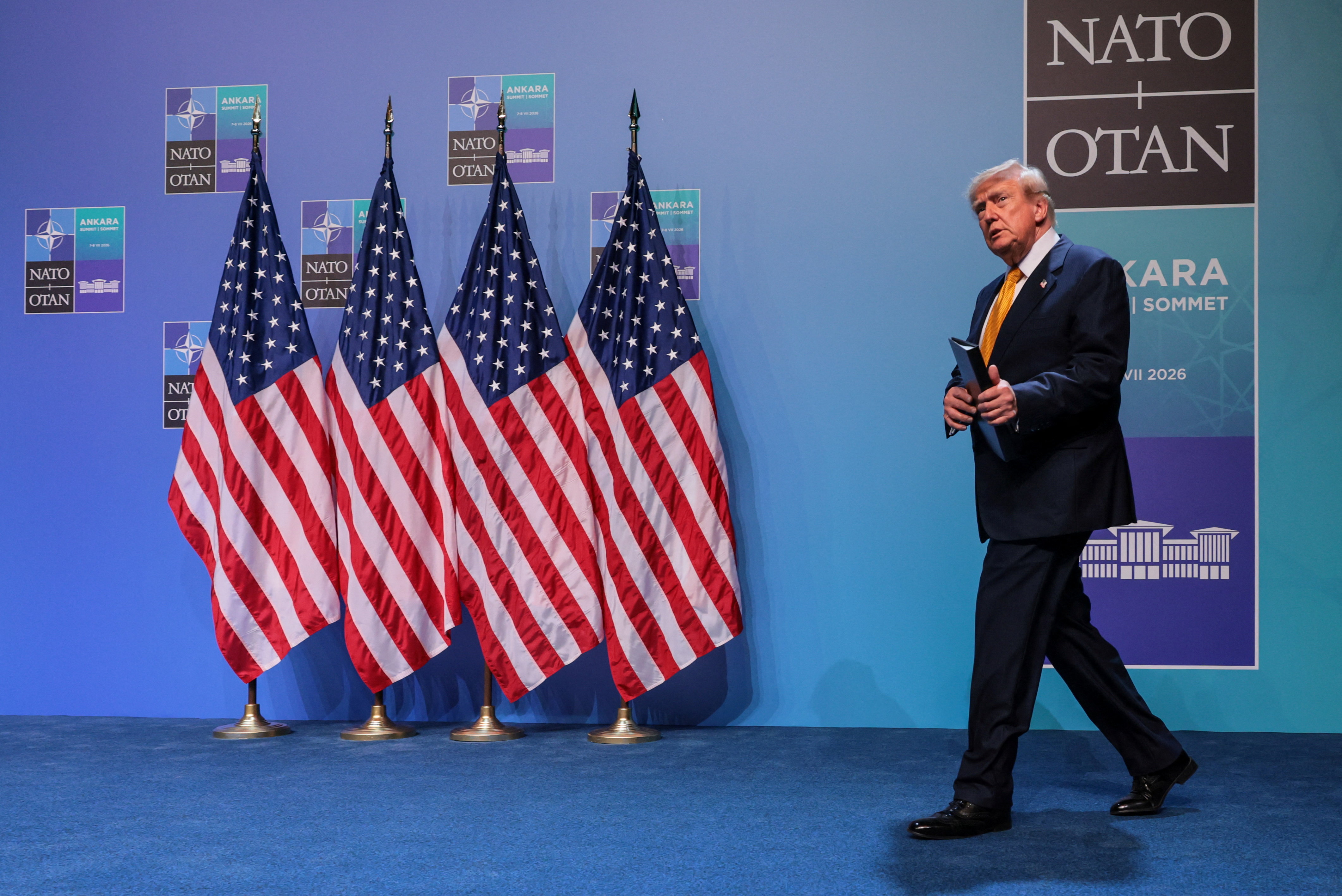 U.S. President Donald Trump arrives to hold a press conference at the end of his participation in the NATO leaders summit at the Bestepe Presidential Compound in Ankara, Turkey, on July 8, 2026.