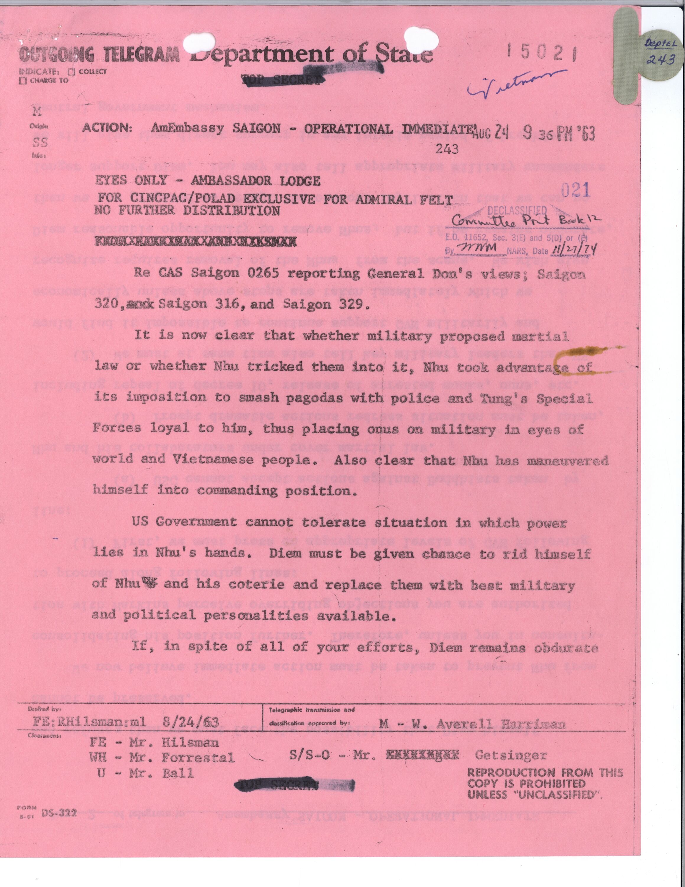 <p>The front page of Cable 243 to U.S. Ambassador Henry Cabot Lodge, as drafted by Roger Hilsman, August 24, 1963.</p>
