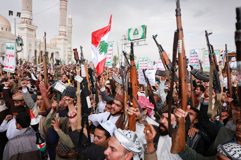 Houthi supporters hold up weapons during an anti-Saudi rally amid an escalation with the kingdom, in Sanaa, Yemen, July 31, 2026.