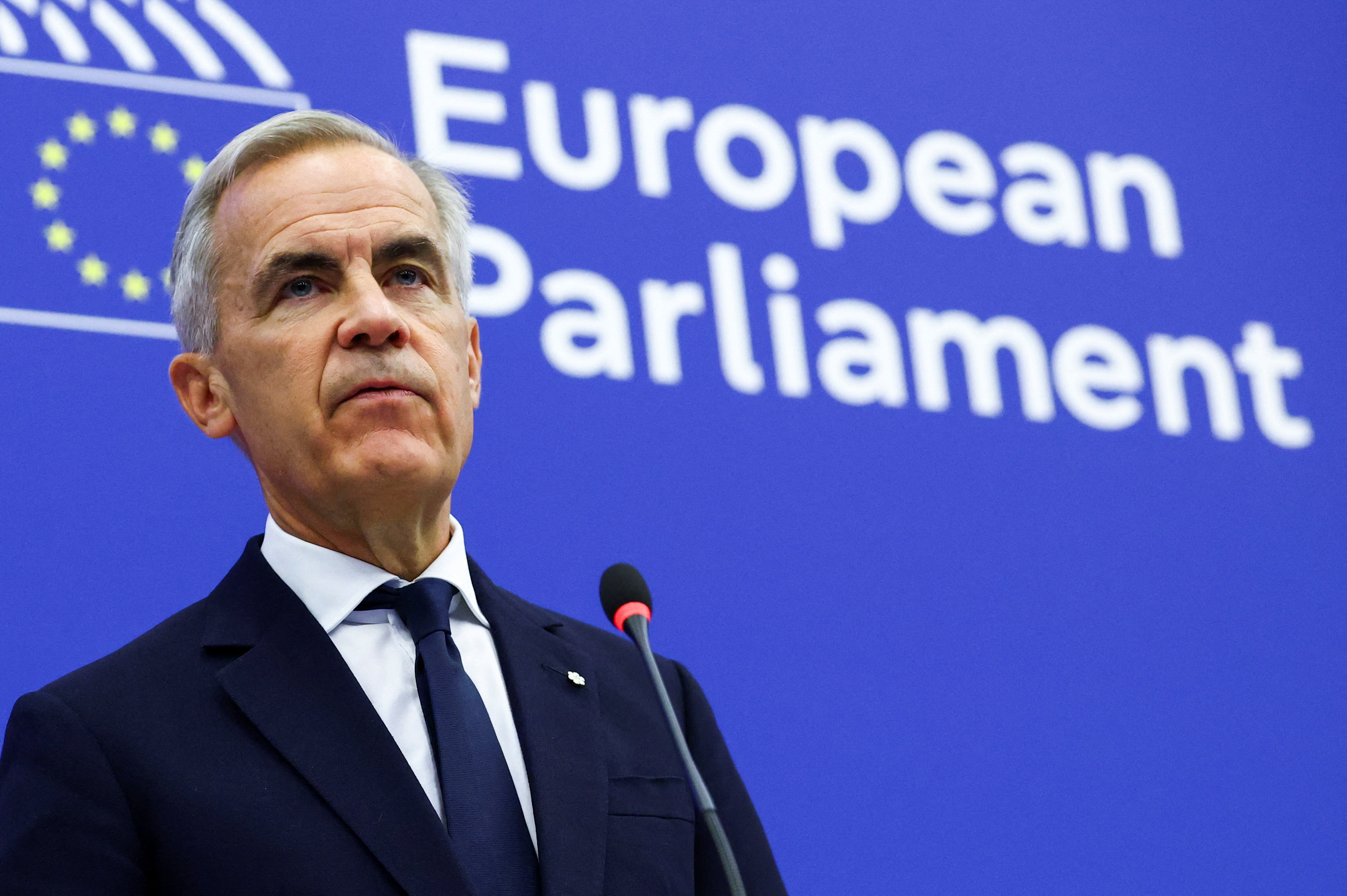 Canadian Prime Minister Mark Carney holds a joint press conference with European Parliament President Roberta Metsola (not pictured) after his address at the European Parliament in Strasbourg, France, September 17, 2026.