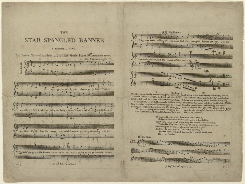 <p>The first sheet music publication of “The Star-Spangled Banner” by Thomas Carr, November, 1814.</p>
