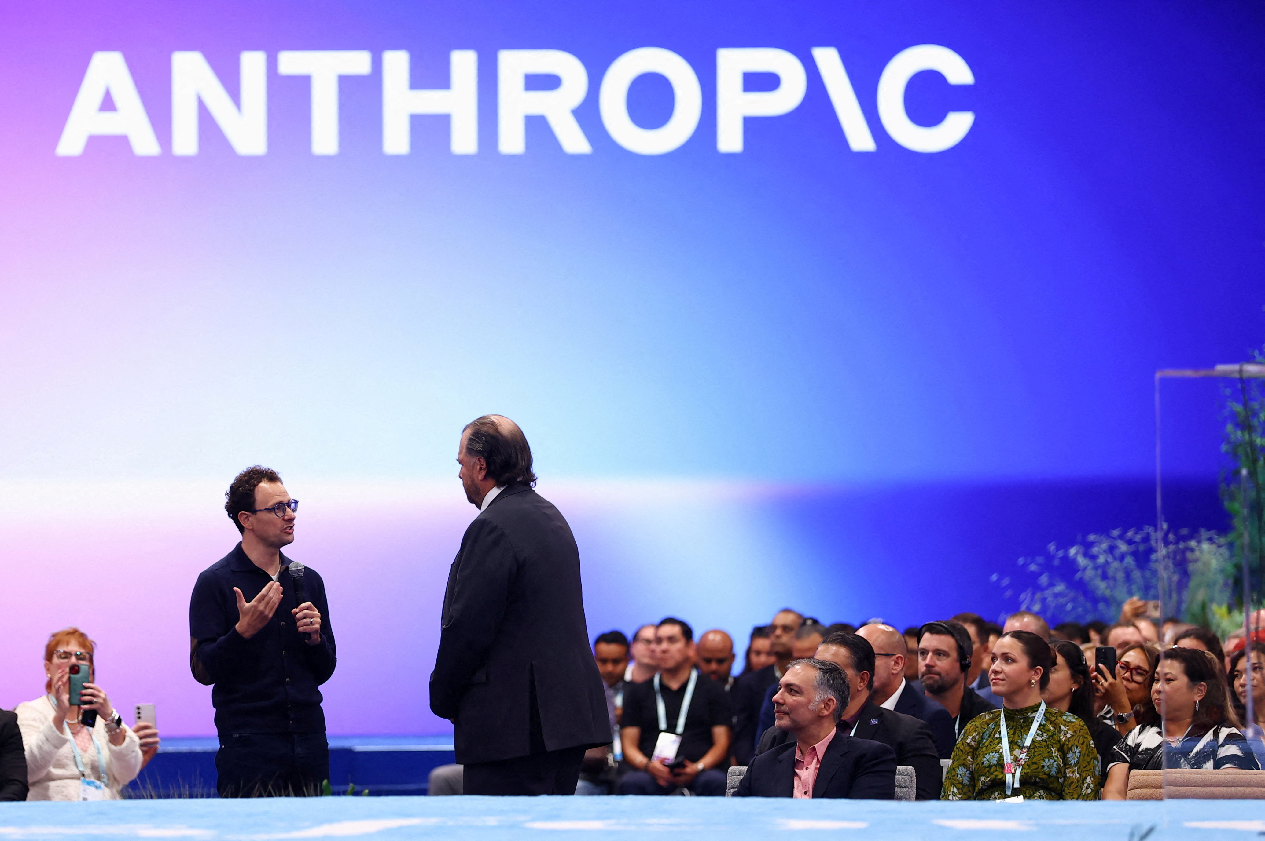 <p>Anthropic Cofounder and CEO Dario Amodei (left), and Salesforce CEO and Cofounder Marc Benioff (right), attend the Dreamforce 2026 summit in San Francisco, California, on September 15, 2026.</p>
