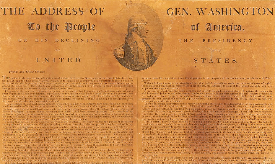 <p>The front page of “The Address of Gen. Washington To the People of America on His Declining of the Presidency of the United States,” published in the <i>American Daily Adverstiser, </i>Philadelphia, September 19, 1796<i>.</i></p>

