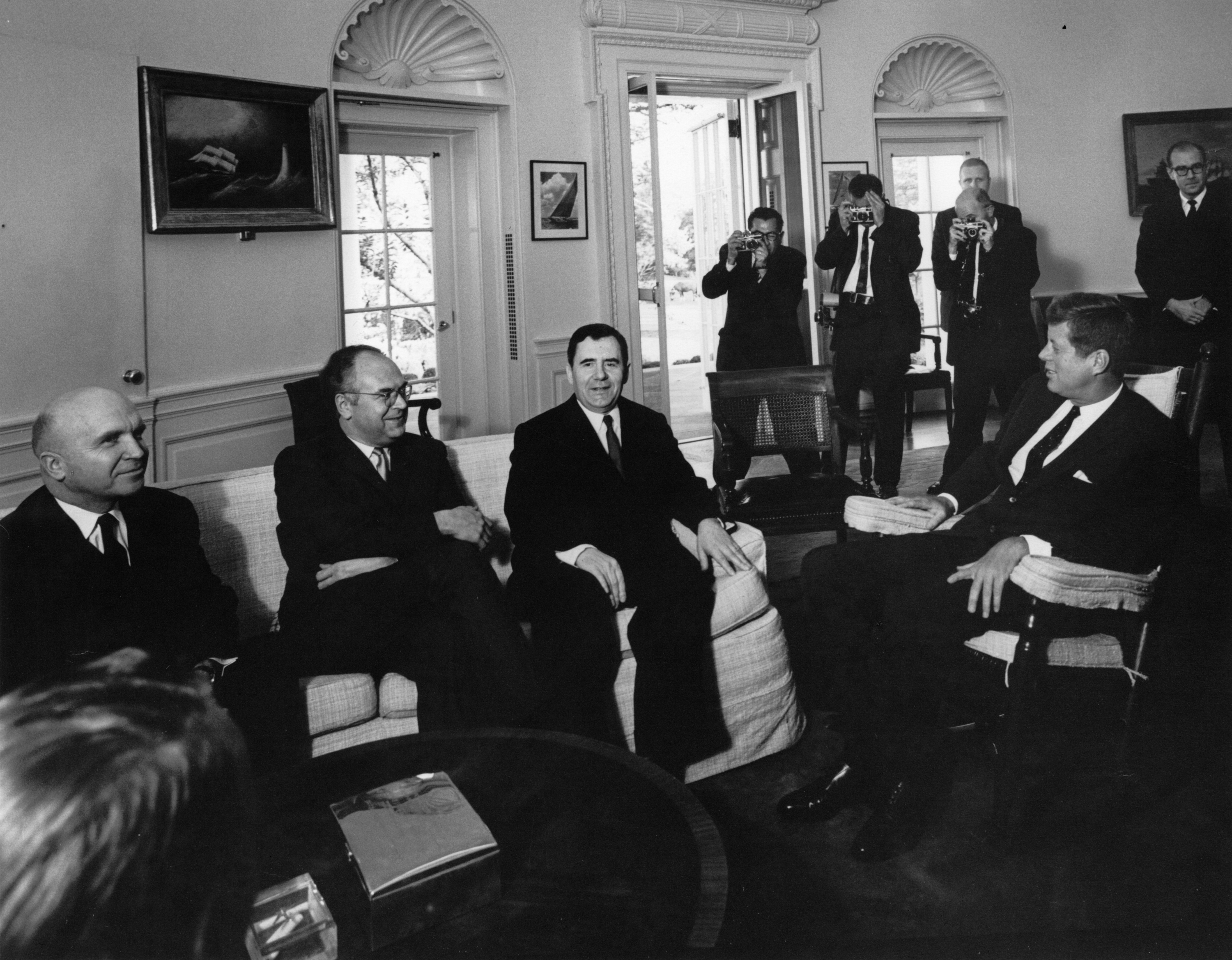<p>President John F. Kennedy meets with Soviet Foreign Minister Andrei Gromyko in the Oval Office, October 18, 1962.</p>
